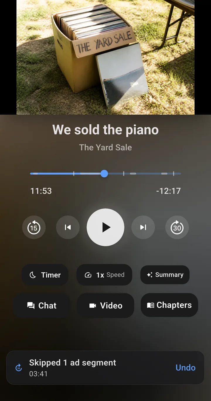 Player after tapping Skip Ad, with a Skipped 1 ad segment toast showing 3 minutes 41 seconds and Undo
