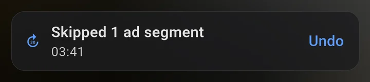 Real app toast: Skipped 1 ad segment, 03:41, Undo