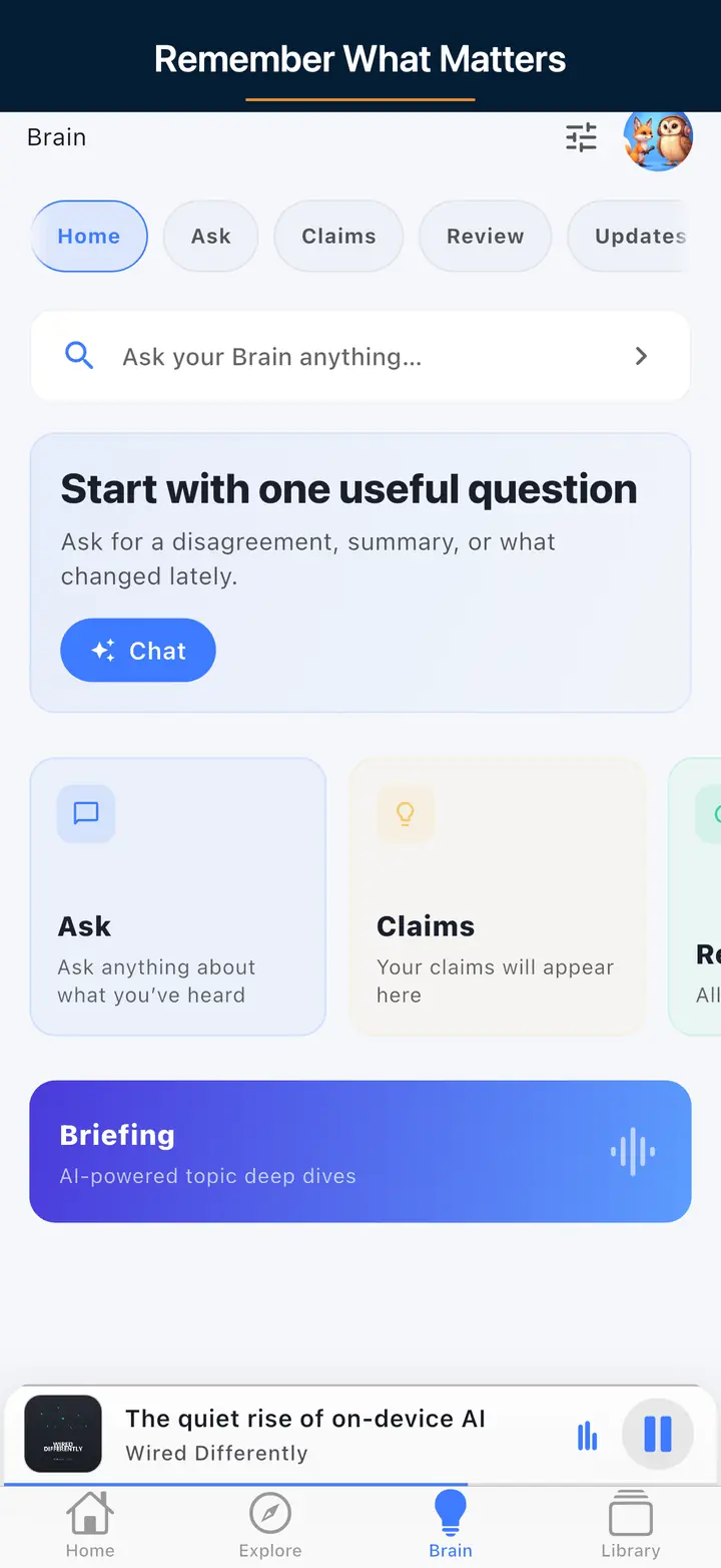 The AI assistant screen — The Podcast App, running in this language.