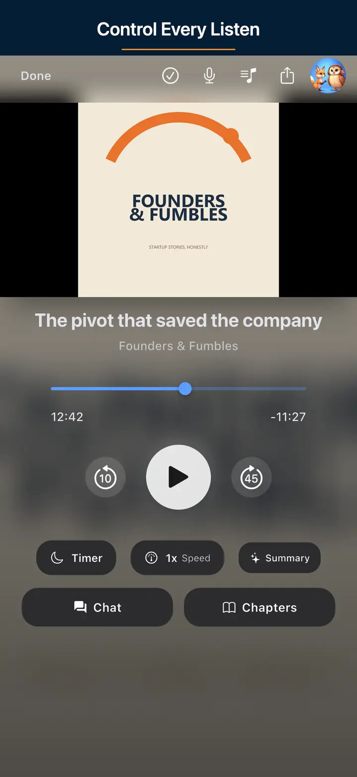 The audio player screen — The Podcast App, running in this language.