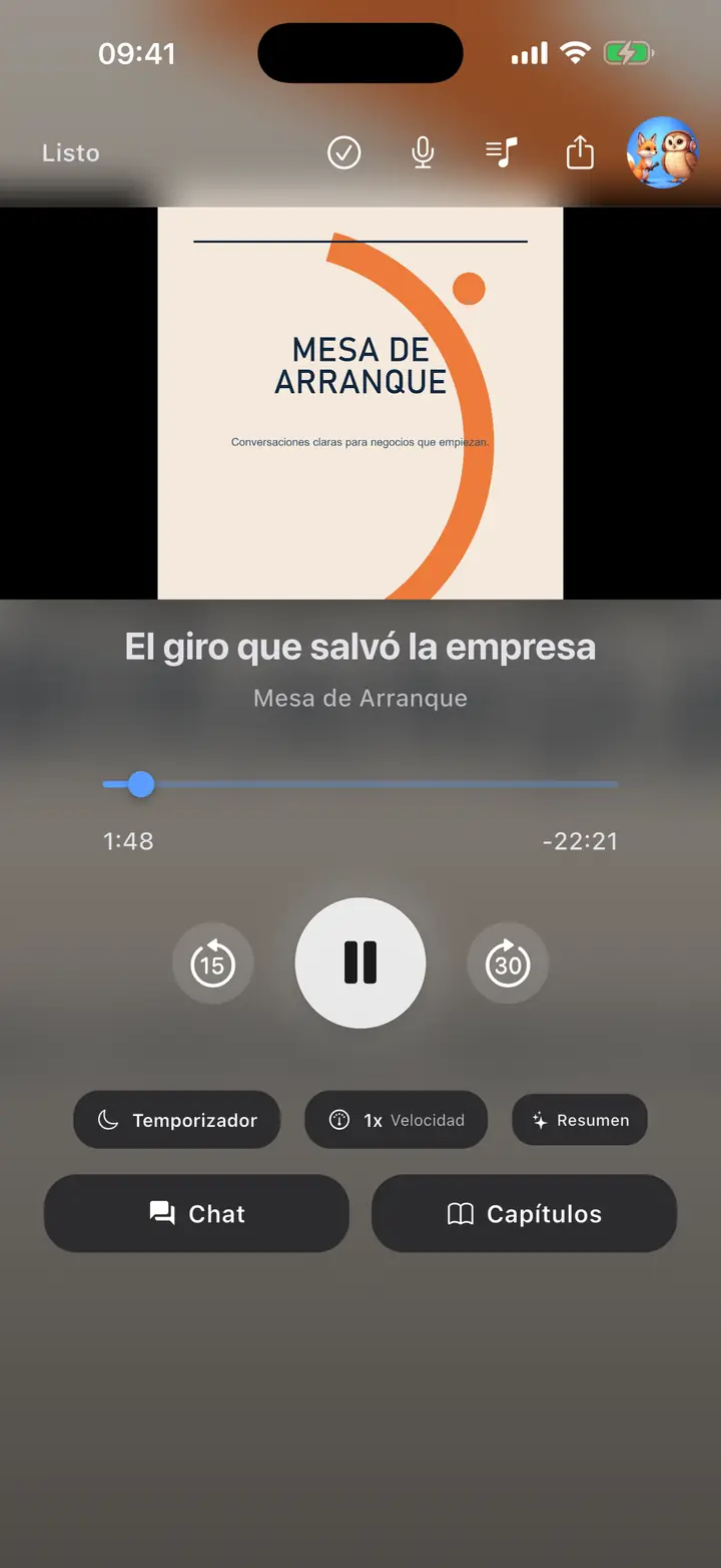 La pantalla del reproductor de audio. — The Podcast App, ejecutándose en este idioma.