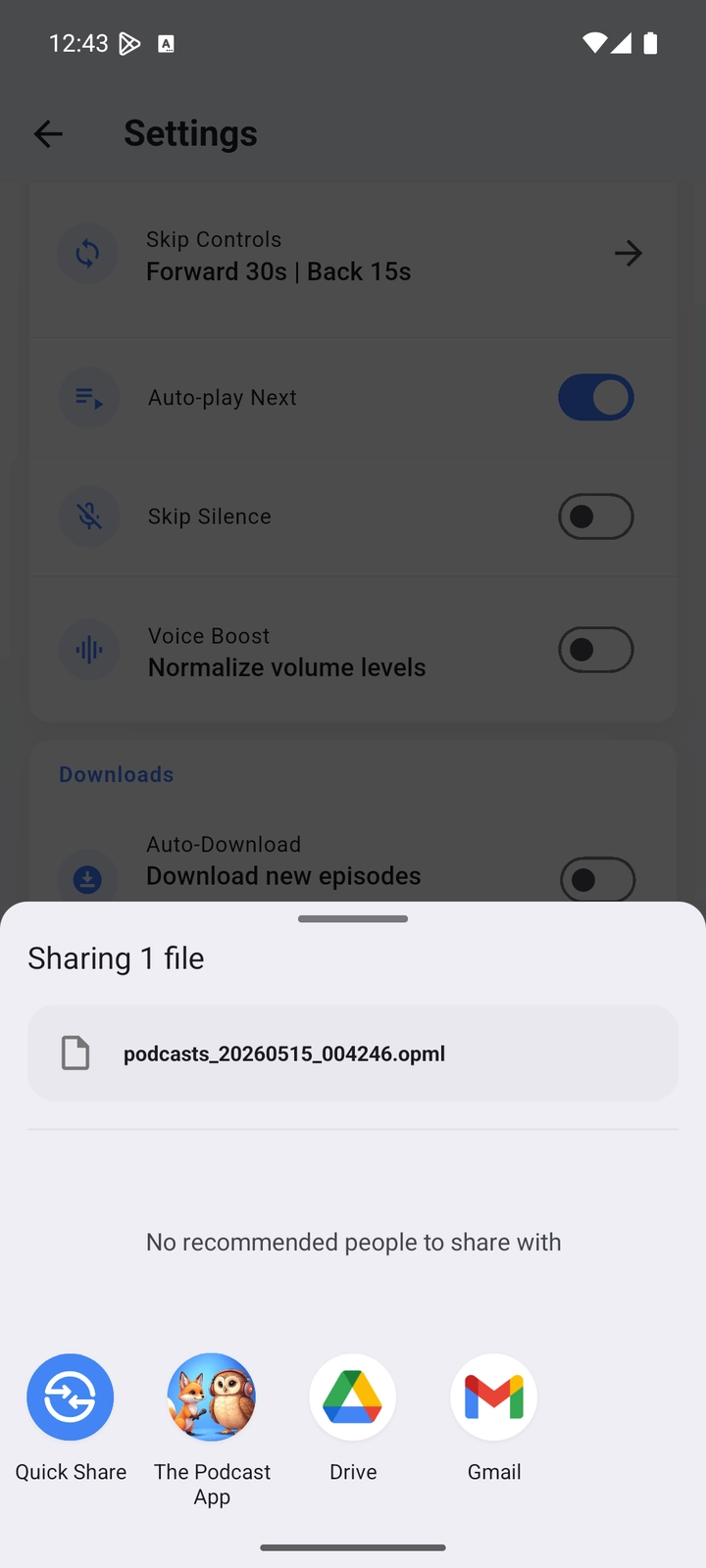 OPML export share sheet from The Podcast App